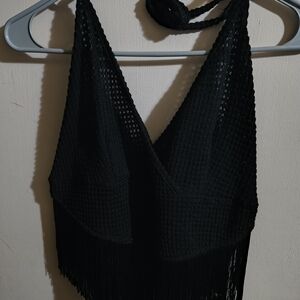 SHEIN Black Crochet Fringe Halter Crop Top